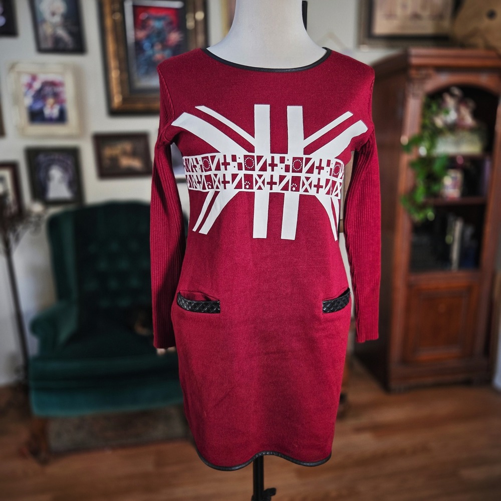 Womens Union Jack Knit Sweater Dress Long Sleeve Black Trim Pockets Size M